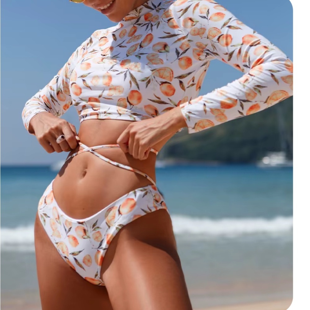 Women’s M swimsuit tie waist bikini long sleeves high neck like new